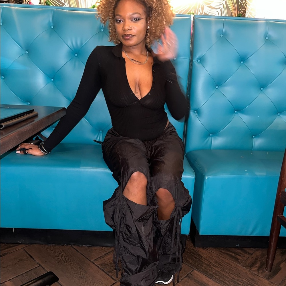 SHEIN Black Ribbed Deep V Long Sleeve Top and Black Distressed Wide-Leg Pants